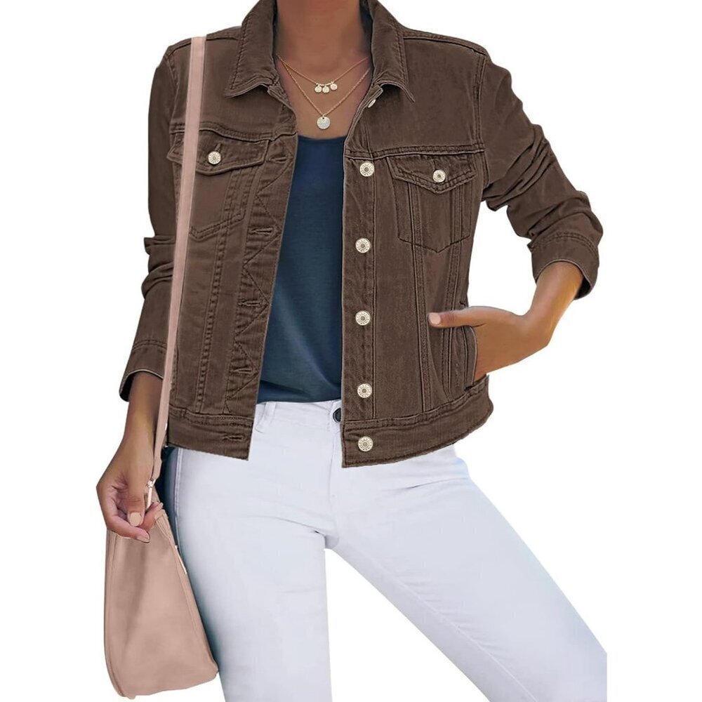 Women's Button Down Stretch Fitted Long Sleeve Denim Jean Jacket Mustang Brown